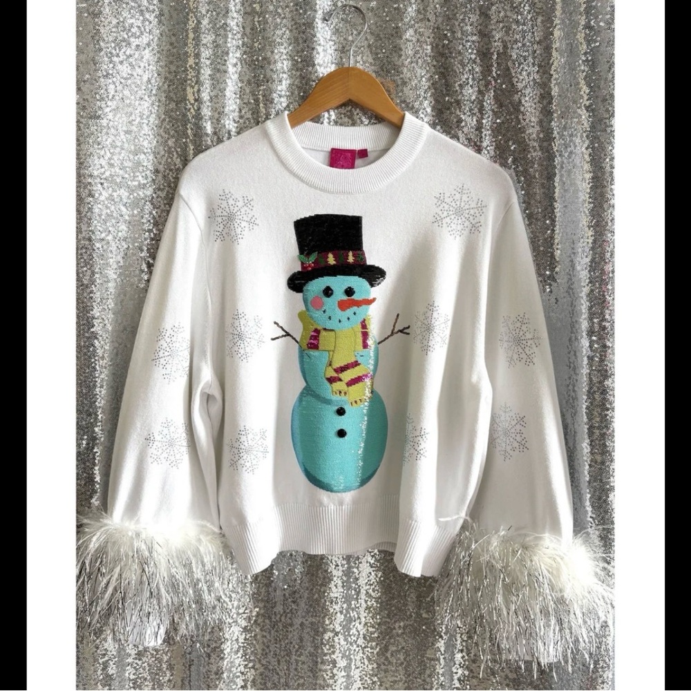 QUEEN OF SPARKLES White Sequin Snowman Crewneck with Feather Cuffs NWOT SIZE S